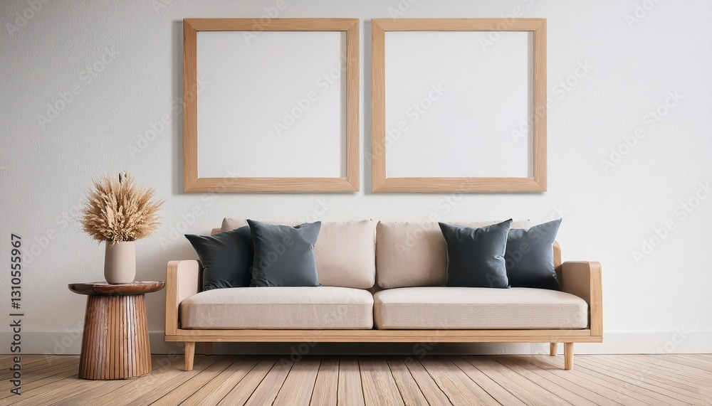 Elegant Square Wooden Frame Mockup with Sofa and Side Table in a Minimalist Living Room Setting, Showcasing Warm Textures and Natural Ambiance. characters Elegant Square Wooden Frame Mockup with Sofa and Side Table in a Minimalist Living Room Setting, Showcasing Warm Textures and Natural Ambiance. characters