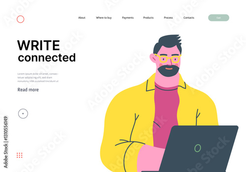 Writing people, modern flat vector concept illustration- sitting man thoughtfully writing on laptop. Metaphor for reflection, personal insight, contemplation, creative expression