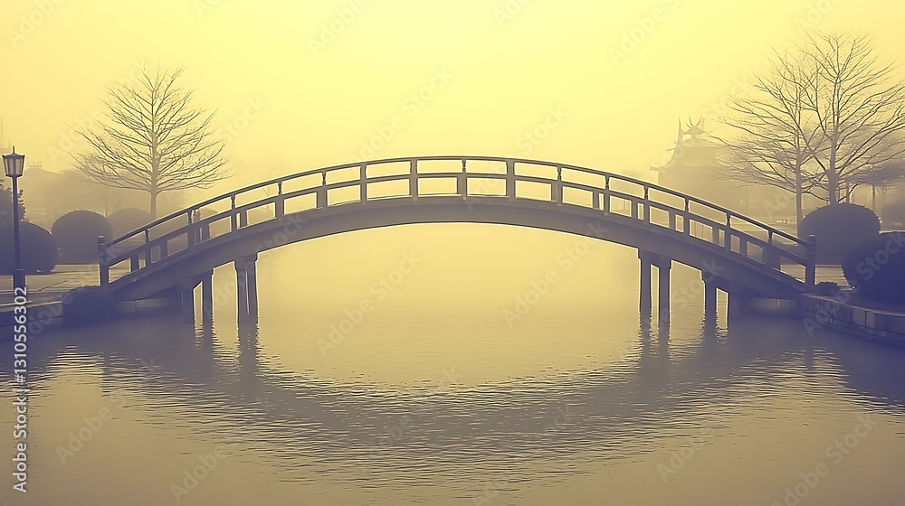 Naklejka premium A Wooden Bridge Spans a Foggy Canal in a Tranquil Scene