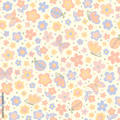 Cute colorful botanical vector seamless pattern. Cartoon tiny flowers, butterflies and ladybugs, multicolored background. Fun and joyful allover print for fabric, kids clothes, any surfaces.