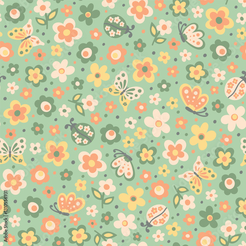 Cute colorful botanical vector seamless pattern. Cartoon tiny flowers, butterflies and ladybugs, multicolored background. Fun and joyful allover print for fabric, kids clothes, any surfaces.