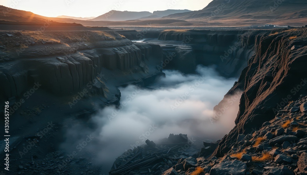 Fototapeta premium Misty Canyon at Sunrise with Dramatic Rock Formations and Fog