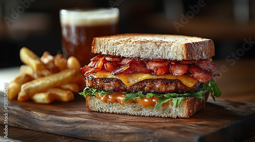 Delicious cheeseburger with bacon, served with fries and a drink on a wooden table. photo