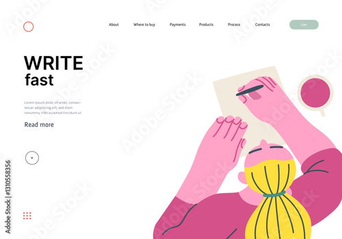Writing people, modern flat vector concept illustration- sitting woman thoughtfully writing on paper, top view. Metaphor for reflection, insight, contemplation, creative expression