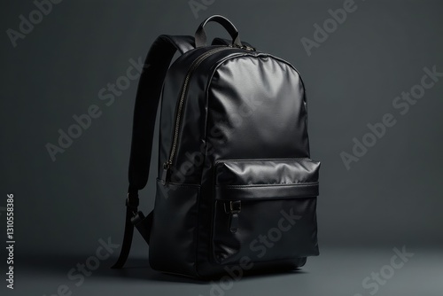 Sleek black backpack; zipper, adjustable strap , blank, fabric, empty
