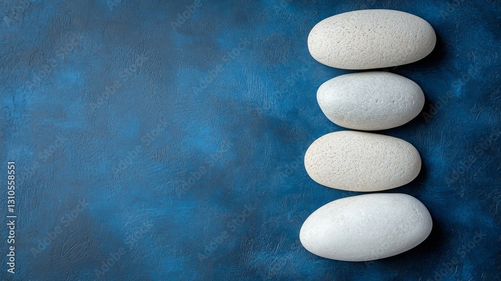 Four stacked white stones on a textured blue surface background Four stacked white stones on a textured blue surface background