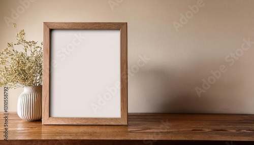 Stylish Empty Poster Mockup in a Minimalist Vertical Wooden Frame Overlooking a Distressed Rustic Tabletop Perfect for Digital Art, Home Decor or Design Inspiration