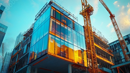 Modern Building Construction Underway With Cranes