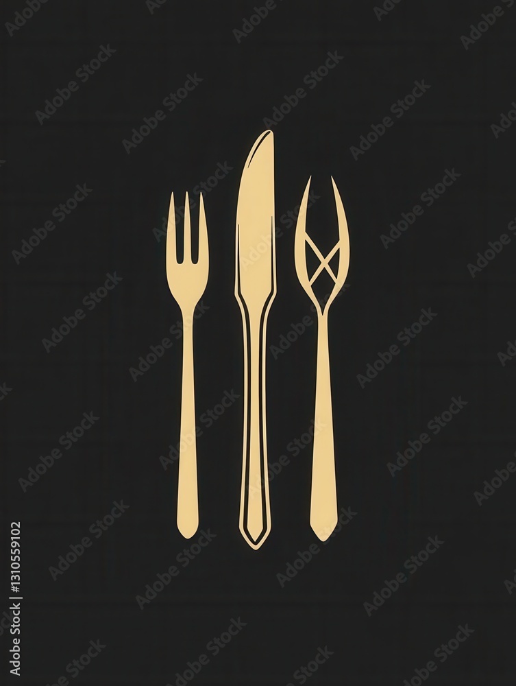 Elegant minimalist cutlery design featuring a knife, fork, and spoon with a modern silhouette on a dark background for dining themes Elegant minimalist cutlery design featuring a knife, fork, and spoon with a modern silhouette on a dark background for dining themes