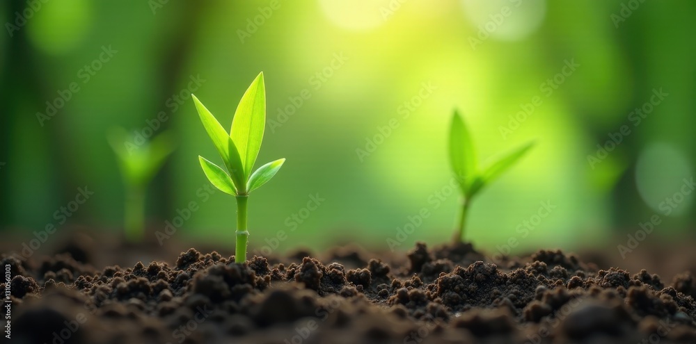 Fototapeta premium Young bamboo shoots pushing through soil, sunlight dappled, plant life, soil, growth
