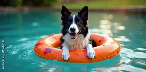 Border collie, buoyant swimming ring, happy dog , relaxing, pet photography, fun