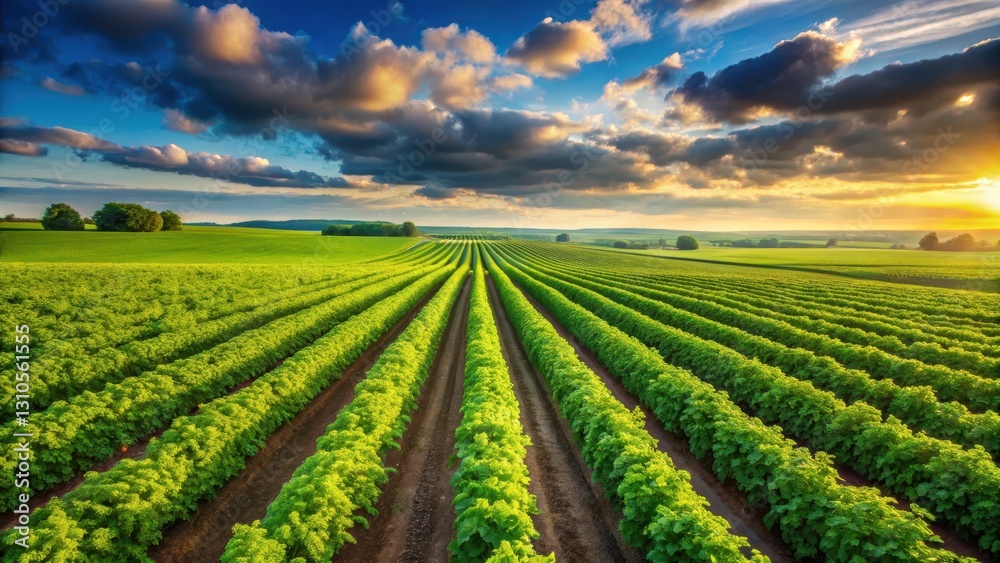 Lush green fields stretching into the distance with rows of currant bush seedlings as a vibrant background composition , currant bushes, panoramic view Lush green fields stretching into the distance with rows of currant bush seedlings as a vibrant background composition , currant bushes, panoramic view