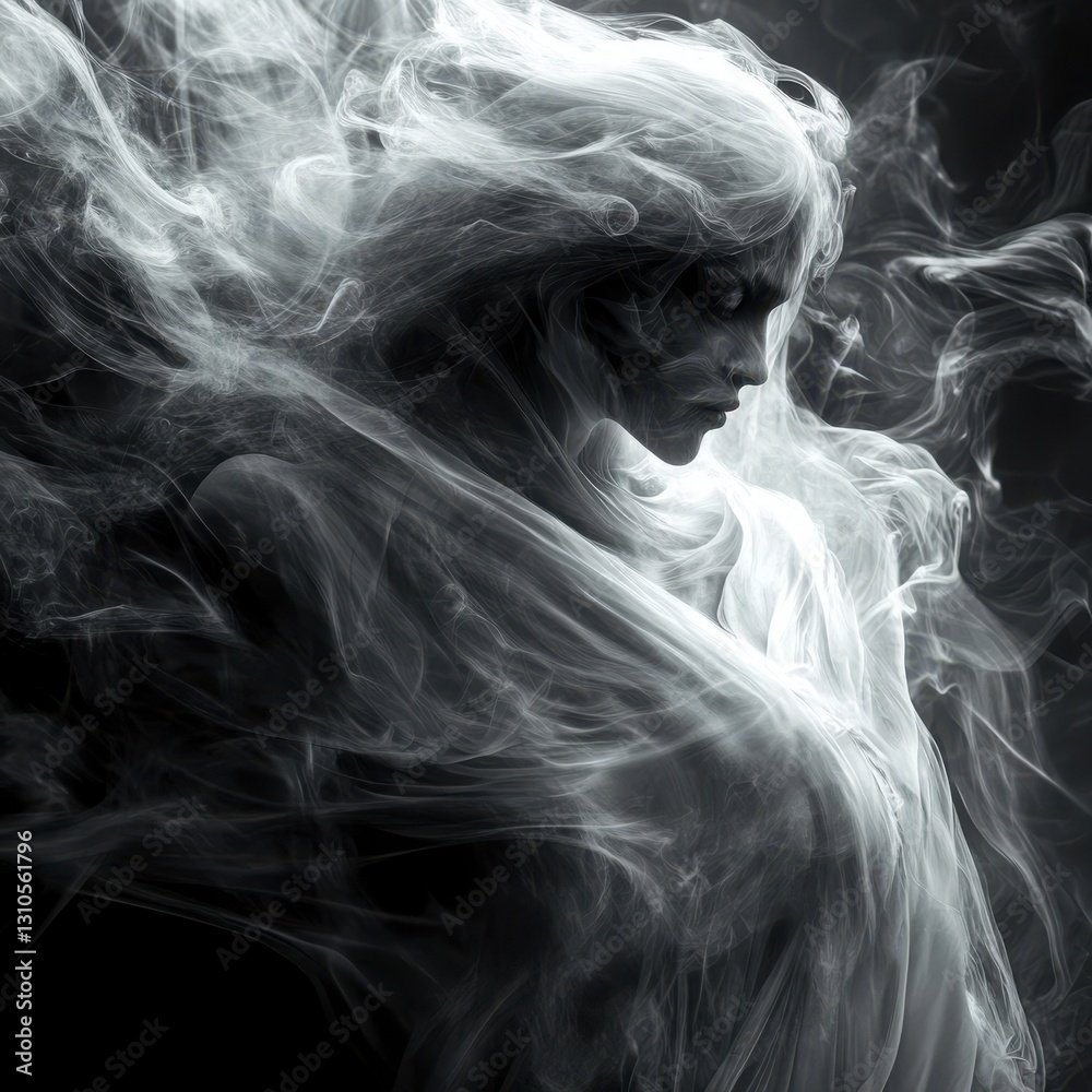 Ethereal Ghostly Figure Emerging from Wispy Smoke and Darkness Ethereal Ghostly Figure Emerging from Wispy Smoke and Darkness