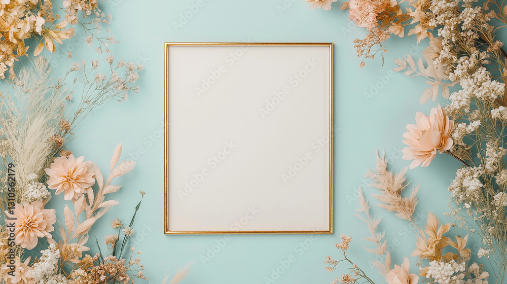 Floral Frame on Pastel: A delicate square frame, adorned by an array of dried flowers and plants. The frame set upon a soft pastel background creating a visually pleasing and natural aesthetic. Floral Frame on Pastel: A delicate square frame, adorned by an array of dried flowers and plants. The frame set upon a soft pastel background creating a visually pleasing and natural aesthetic.