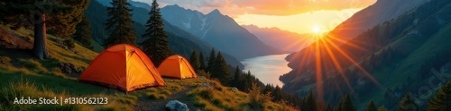 Sunrise illuminates tents nestled in a lush forest valley near a lake and mountains , majestic, vibrant