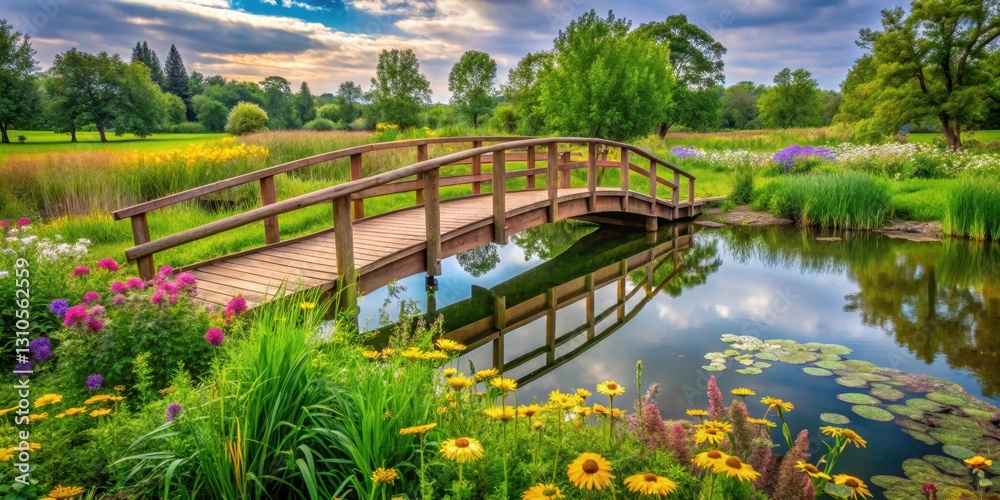 Fototapeta premium A serene wooden bridge spans over a tranquil pond amidst a lush carpet of green grass and vibrant wildflowers in a picturesque park setting , park landscape, tranquility