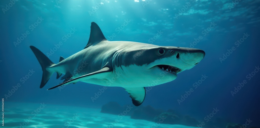 A hammerhead shark, mouth agape, hunts in blue water, open mouth, nature photography A hammerhead shark, mouth agape, hunts in blue water, open mouth, nature photography