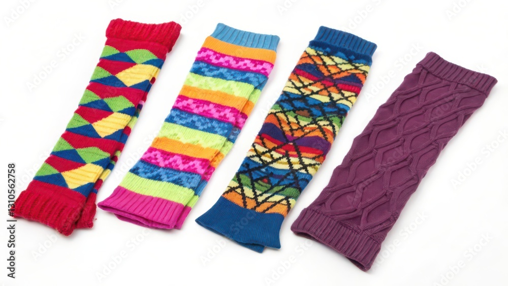 Four Colorful Knitted Arm Warmers on White Background Four Colorful Knitted Arm Warmers on White Background