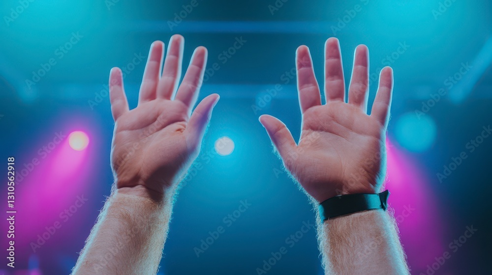 Fototapeta premium Hands Raised in Celebration Under Colorful Stage Lights