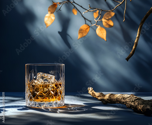 Scotch, whiskey or bourbon in glass. Dark blue background with old driftwood, leaves and shadows
