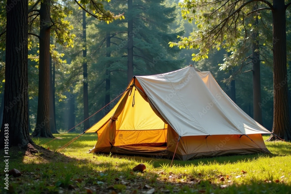Canvas tent pitched among tall pines, dappled sunlight, outdoors, adventure Canvas tent pitched among tall pines, dappled sunlight, outdoors, adventure