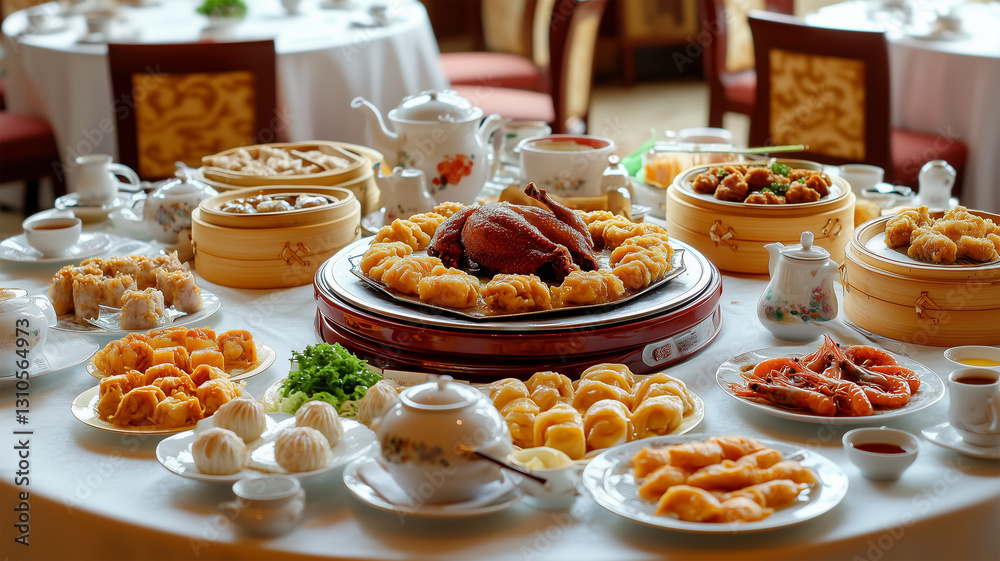 Fototapeta premium 円卓に広がる至福の中華フルコース、日本の高級中華レストランの宴