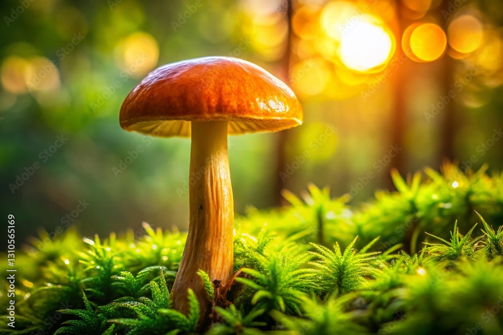Fototapeta premium Light Brown Mushroom Growing in Deep Green Moss - Nature Stock Photo