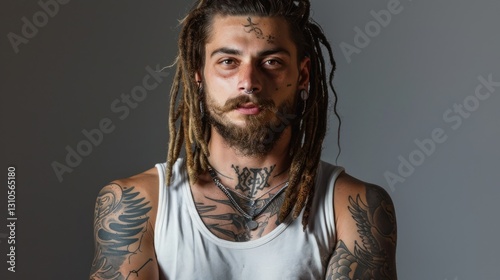 Portrait of a tattooed man with dreadlocks in studio light