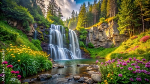 Serene waterfall cascading down a rocky cliff surrounded by dense lush green forest with towering trees and vibrant wildflowers, natural wonder, environment