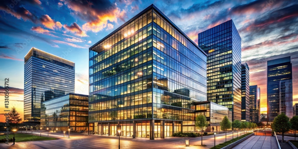 Modern office building at sunset with glass skyscrapers and city lights , city, skyscraper, city, skyscraper Modern office building at sunset with glass skyscrapers and city lights , city, skyscraper, city, skyscraper