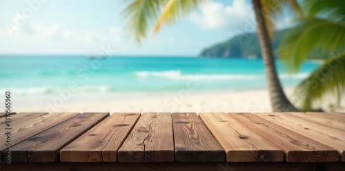 Rustic long wooden table, blurred beach backdrop, furniture, background, table