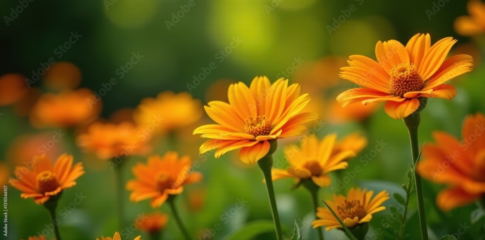 Vibrant orange and yellow blooms fill summer garden bed, beauty, field Vibrant orange and yellow blooms fill summer garden bed, beauty, field