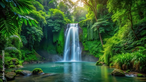 waterfall in tropical forest surrounded by lush greenery, greenery, nature,  greenery, nature, wildlife