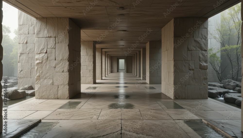 Serene Architectural Passageway Surrounded by Nature and Mist Serene Architectural Passageway Surrounded by Nature and Mist
