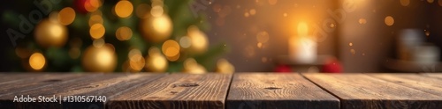 Clean wooden table, bokeh Christmas backdrop Ample copy area , holiday, green