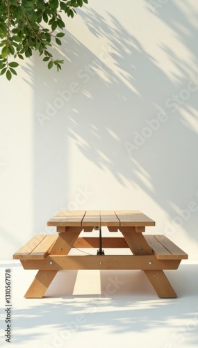 Clean, light brown picnic table on pure white backdrop , item, surface, backdrop