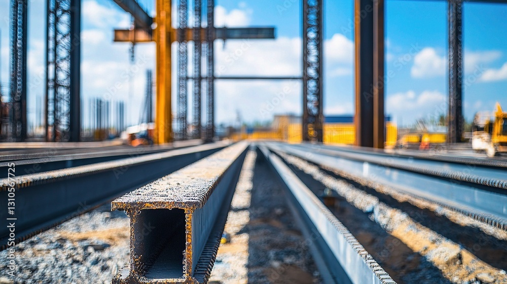 Fototapeta premium Installation of Steel Girders and Beams at Construction Site