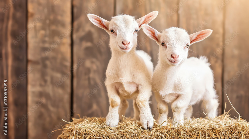 Two playful baby goats stand on straw, set against a rustic wooden background, exuding charm and innocence. Two playful baby goats stand on straw, set against a rustic wooden background, exuding charm and innocence.