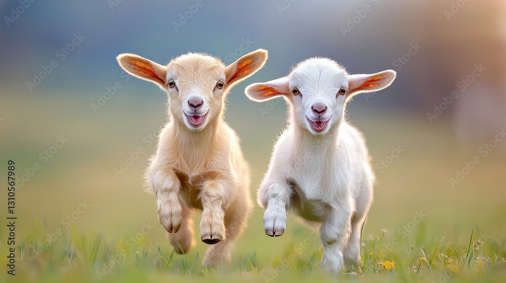 Two playful baby goats joyfully running across a grassy field, showcasing their adorable expressions and lively energy.