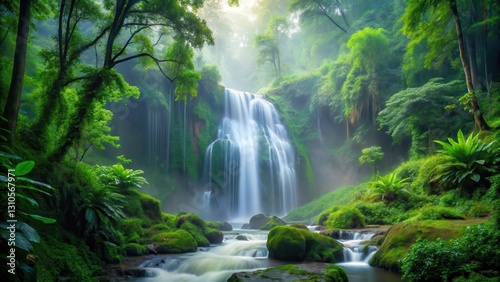 waterfall in deep forest with mist and lush greenery, serene atmosphere, greenery