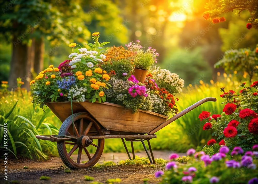 Long Exposure Botanical Wheelbarrow: Vibrant Garden Illustration Backdrop Long Exposure Botanical Wheelbarrow: Vibrant Garden Illustration Backdrop