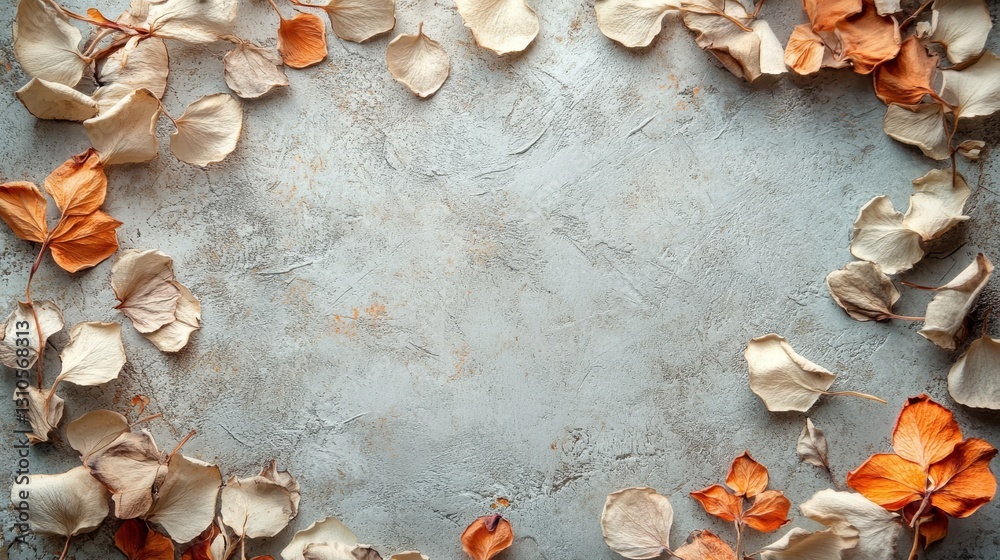 Obraz premium Dried leaves artfully arranged on a textured gray and white surface