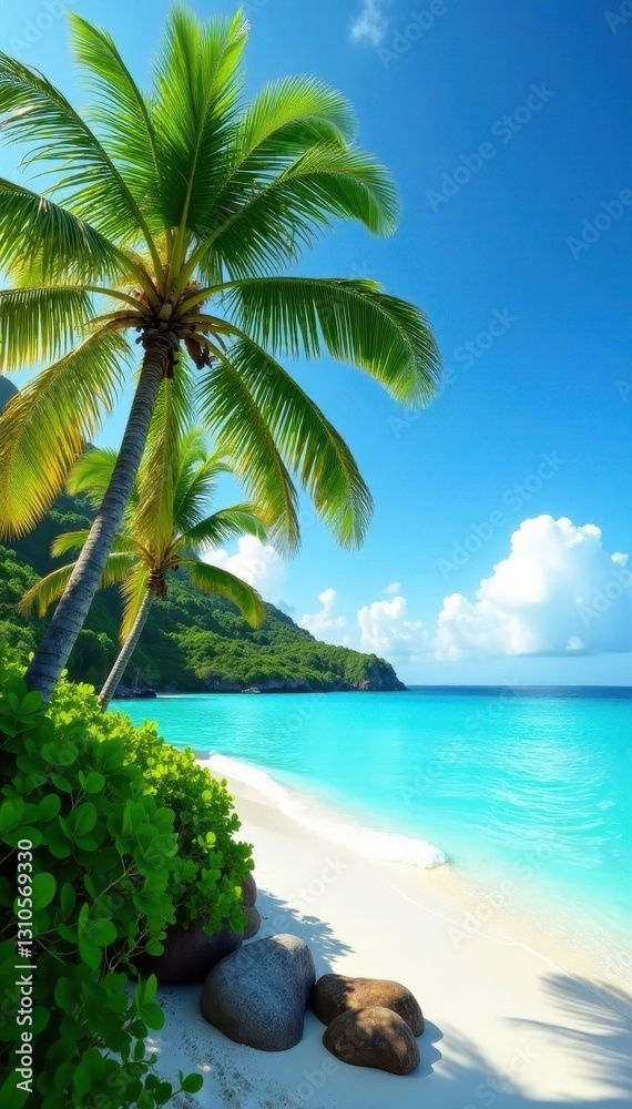 Fototapeta premium Lush green palms leaning towards turquoise ocean, summer, green, ocean