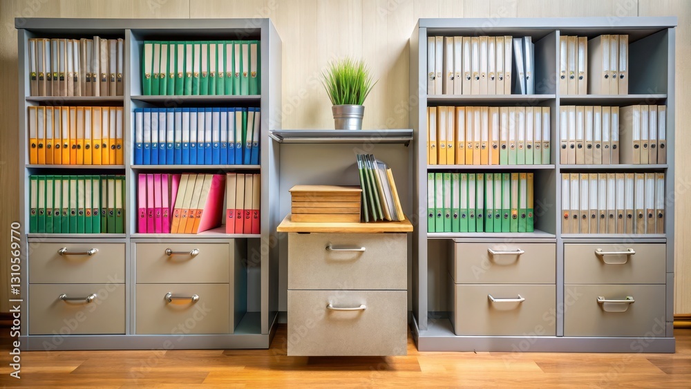 Organized workspace with cabinet of folders in a room, filing system Organized workspace with cabinet of folders in a room, filing system