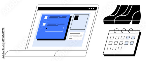 Open laptop displaying a document, adjacent calendar, and briefcase. Ideal for project management, productivity, work organization, planning, scheduling, office tasks and business strategy concepts