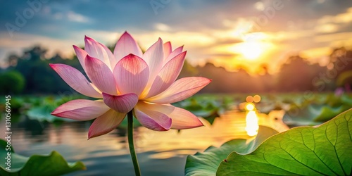 Delicate pink lotus flower in full bloom on a serene pond at sunset, water lily