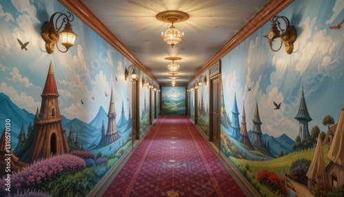 Vibrant Hallway with Fantasy Murals and Elegant Lighting Fixtures