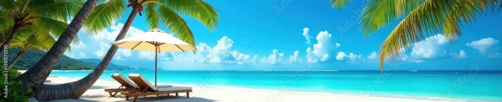Bright blue sky over palm trees shading deckchairs and parasol on sandy beach , view, outdoor, tropical beach Bright blue sky over palm trees shading deckchairs and parasol on sandy beach , view, outdoor, tropical beach