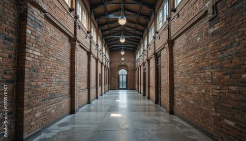 Historic red brick corridor with vintage light fixtures and windows