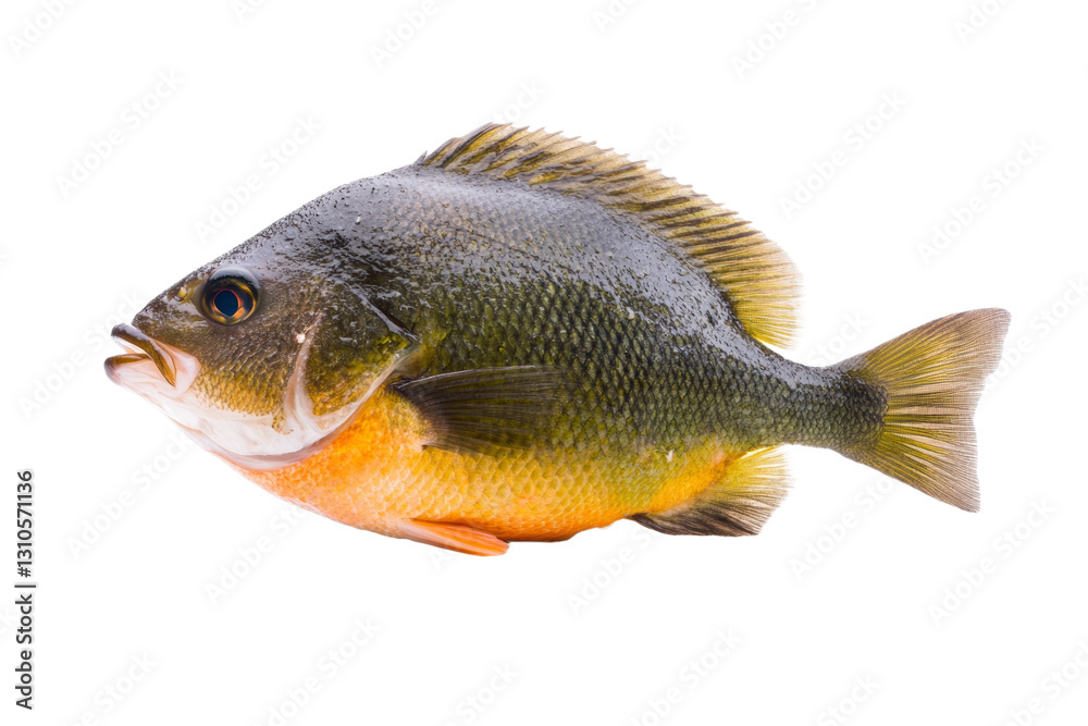 Fish with orange and black stripes is shown on a white background, isolated Fish with orange and black stripes is shown on a white background, isolated
